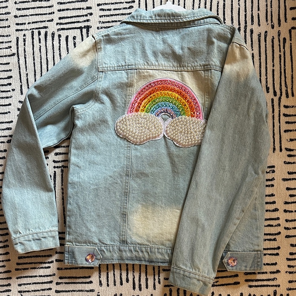 Lola + The Boys Rainbow Pearl Light Blue Denim Jacket with Rainbow Embroidery